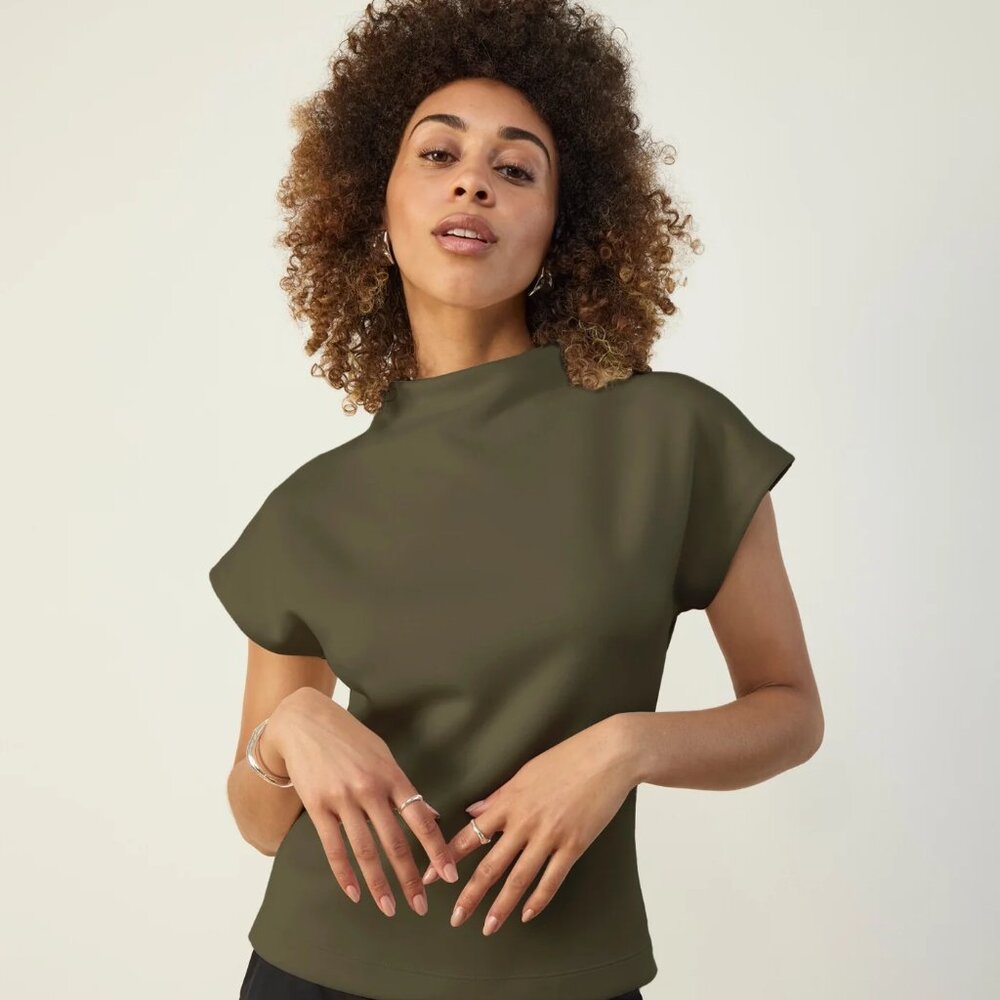 Aday Cap Sleeve Mock Neck Top | Moss Green | M